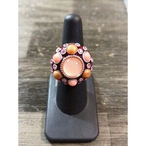 Camilla Lucia Red Enamel Pink Rhinestone Gold Tone Cabochon Ring Size 6.5